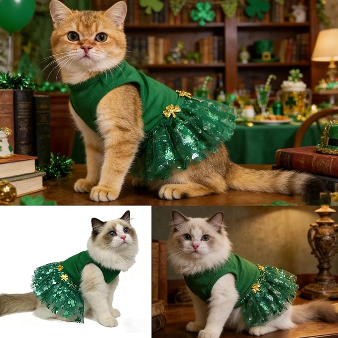 St. Patrick's Day Pet Dress Tutu, Dog Tulle Skirt for Small Dog Girls Green Puppy Dress Cat Apparel Pet Irish Holiday Outfits (Green, X-Large)