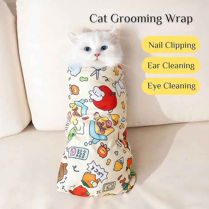 Cat Grooming Wrap, Pet Restraint Bag Cat Wrap for Stress-Free Nail Clipping Anti-Scratch Anti-Escape Multifunctional Care Pet Tool(White,L)