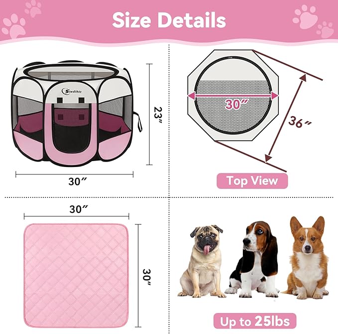 Siedihit Dog Cat Playpen, Puppy Pet Playpen Indoor for Dog Crate Tent Cage Outdoor, Portable Pop Up Dogs Enclosure Kennel with Carrying Case for Dogs/Cats/Rabbits (Pink with Pad, Medium)