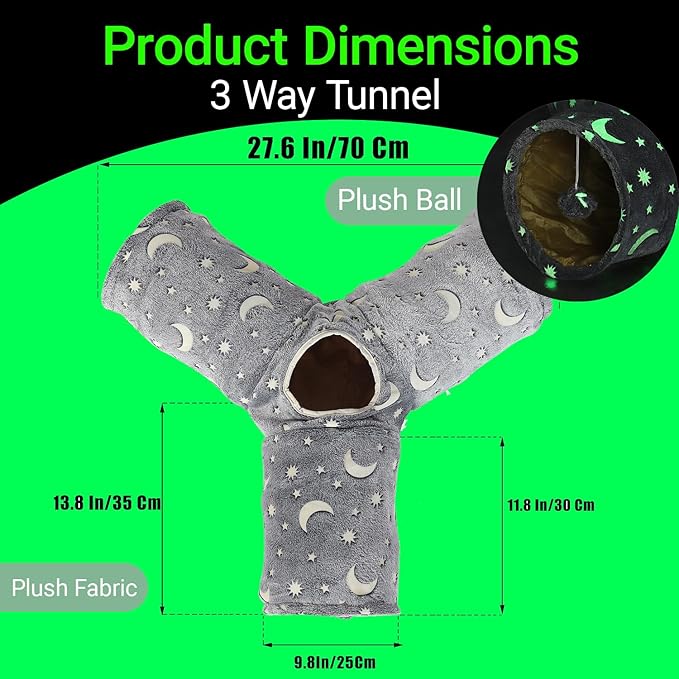 Cat Tube Tunnel with Plush Ball Toys Collapsible Self-Luminous, for Cat Small Pets Bunny Rabbits, Kittens, Ferrets,Puppy and Dogs Grey Moon Star 3 Way