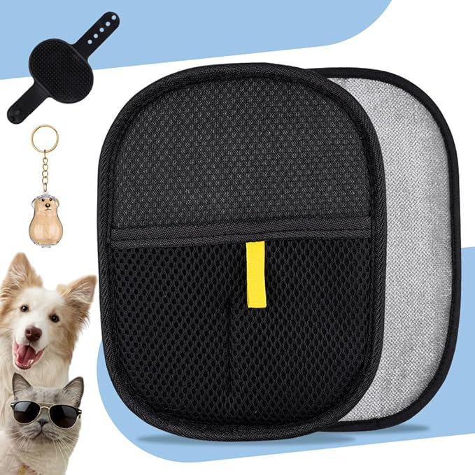 pet Hair Removal Glove for Pet Hair Remover, A Comb for Dog&cat and One More Keychain Used for Storing Commemorate Puppy Haris.for Clothing, Couch, Carpet, Car Seat(Black)