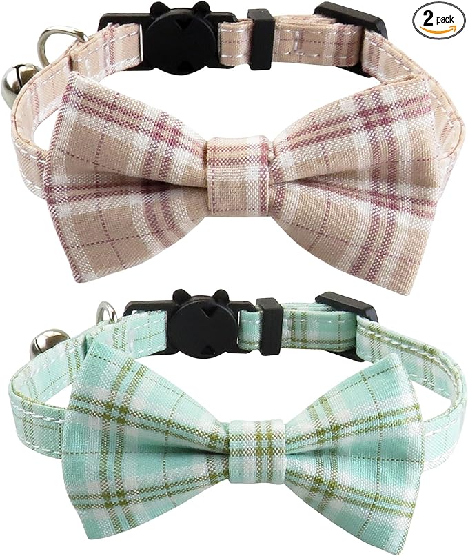Cat Collar with Bow Tie and Bell, 2 Pack Breakaway Plaid Bowtie Cat Collar for Kitty, Cats, Puppy and Kittens, Blue&Khaki