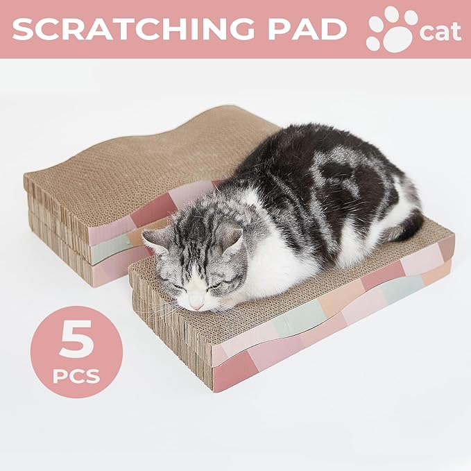 SIDAZON Cat Scratching Pads Cardboard Cat Scratchers for Indoor Cats Reversible Large Wide Corrugated with Catnip and Mini Toy(5pcs)