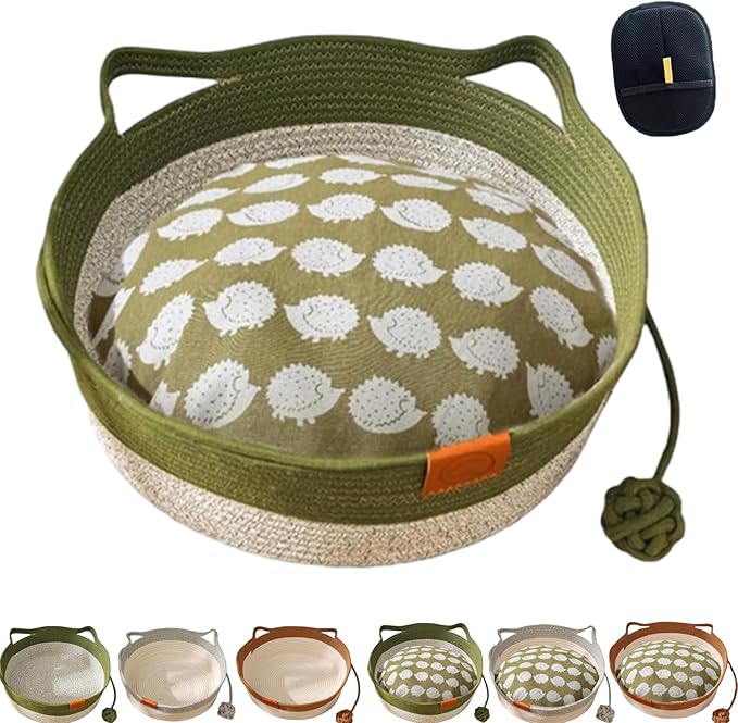 Cotton Rope Woven Cat Basket, Pets Hand Woven Cotton Bed Basket, Round Cat Sleeping Nest with Built-in Scratching Pad and Play Ball for Cats and Dogs All-Season (Green-B, Small)