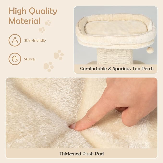 PETSITE 19.5-inch Small Cat Tree, 2-Tier Minimalist Cat Tree with Sisal Scratching Post, Extra Large Comfy Top Perch, and Dangling Ball, Ideal for Indoor Cats, Supports up to 44 lbs, Beige