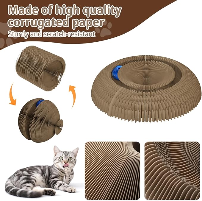 Kitty Curlz Magic Organ Cat Scratching Board with Bell Ball,Foldable Accordion Kitty Curls Cat Scratcher,Reversible Curling Toy for Indoor Cats,Blue Small Fish