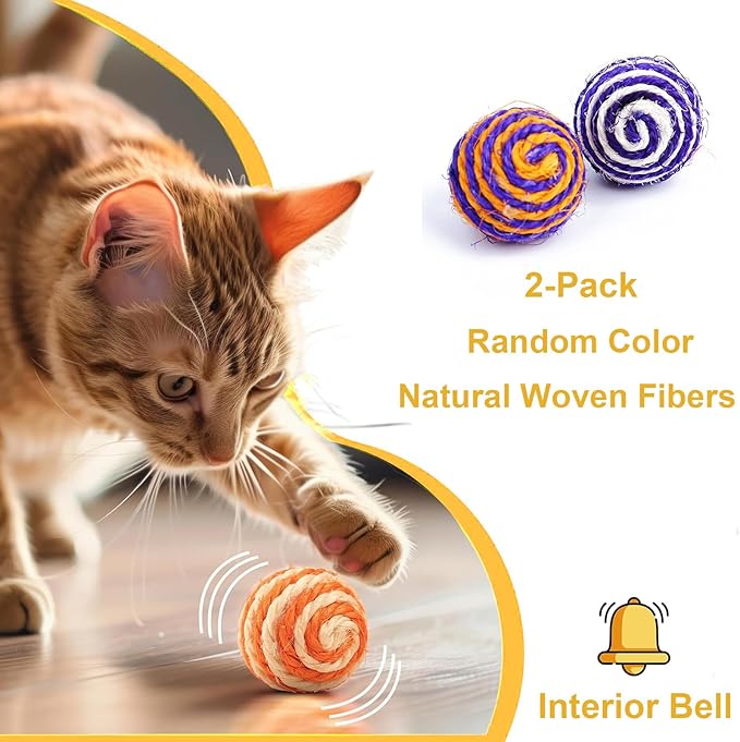 6 in 1 Cat Toys Set with Sisal Rope, Interactive Feather Ball for Indoor Cats, Catnip Carrot & Fish with 2 Balls, Natural Kitten Teething Chew Toy for Self Play, Exercise