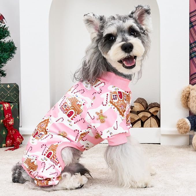 XPUDAC Dog Christmas Pajamas Stretchy Dog Clothes for Small Medium Dogs Girl Christmas Puppy Outfit Pet Jumpsuits Pjs Winter Cat Costume, Pink, XL