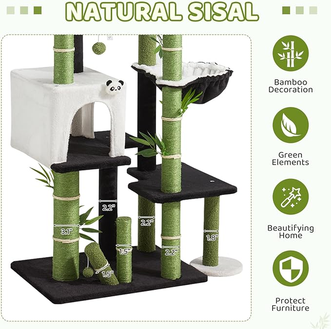 Erinnyees Cat Tree, 71.3 Inches Cat Tower for Indoor Cats with Panda Design, Spacious Cute Kitty Condo with Sisal Scratching Post, Cozy Hammock and Multi-Level Platform, Stylish Pet Furniture