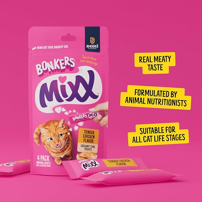 Bonkers Mixx, Wet Lickable Tube Tender Chicken Flavor Cat Treats, Real Meat, Training or Food Topper, for All Breeds and Ages (4 Pieces) (Pack of 4)