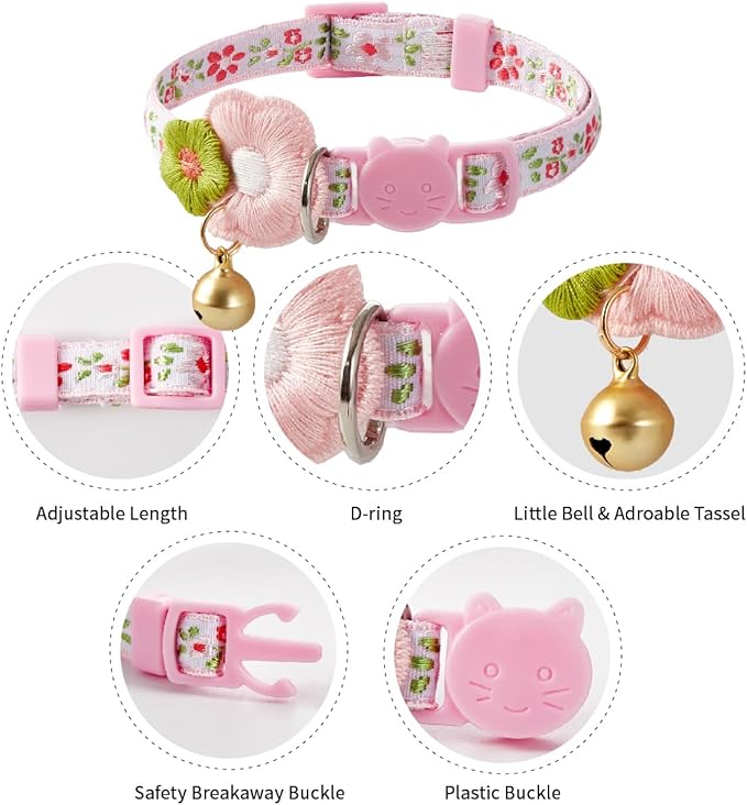 2 Pack Cat Collar Breakaway Cute Colorful Pattern for Cat Boy Girl Adjustable Length Collar with Little Bell Tassel Tribal Bohemian Pattern (2 Pack⎮Blue+Pink)
