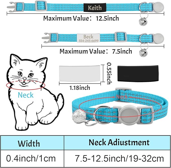 CAMAL Reflective Cat Collar with Name Tag, Personalized Cat Collar Breakaway with Bell, Customized Cat Collar Adjustable for Girls & Boys