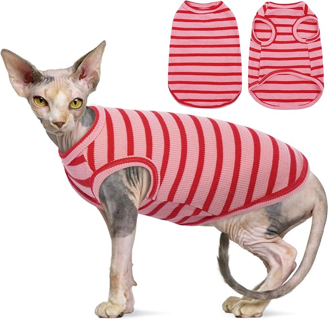 Sphynx Cat Clothes, Breathable Hairless Cat Shirts, Stripe Kitten T-Shirts Sleeveless, Pullover Cat Sweaters, Pet Summer Apparel for Sphynx, Cornish Rex, Devon Rex, Peterbald, Small Dogs