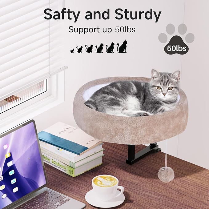 Chumajor Cat Desk Bed - 360° Rotating & Adjustable, Supports 50 lbs, Soft Faux Fur with Dual-Sided Reversible Mat, Modern Indoor Cat Nest Furniture for Office Desks and Game Tables, Island Table