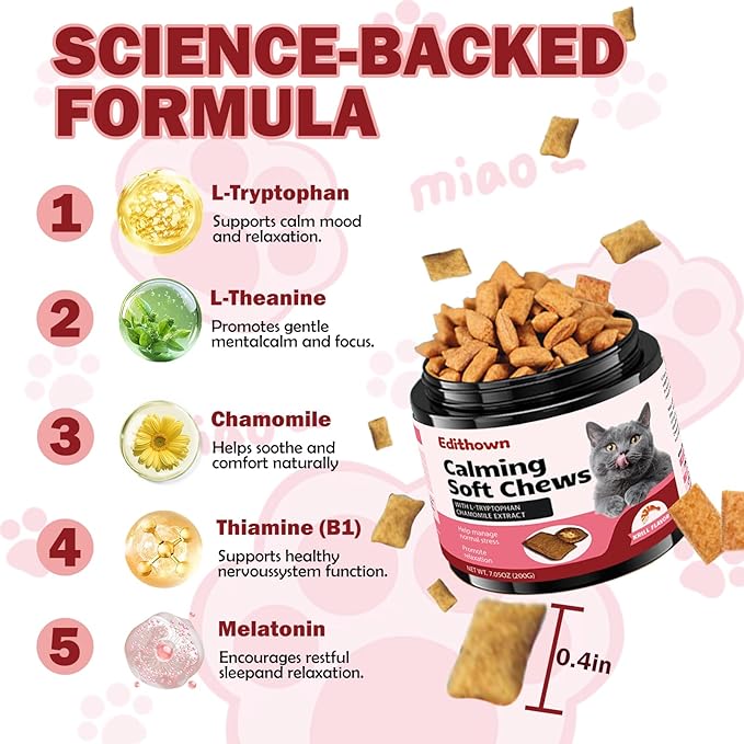 Cat Calming Treats,500 Crunchy Creamy Cat Chews,Melatonin for Storms, Travel, Separation - Krill Flavor
