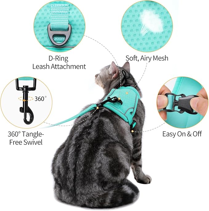 Dotoner Escape Proof Cat Harness and Leash Set Adjustable Soft Mesh Vest for Walking Safe Travel Vet Visit with Reflective Strips for Cats and Kittens(Turquoise-L)