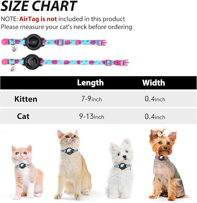 azuza AirTag Cat Collar Breakaway, Integrated Cat Collar with Air Tag Holder and Bell, Safety Lightweight Cat Tracker Collars for Kittens, Rose, Kittens (7"-9")
