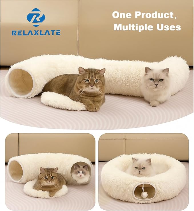 RELAXLATE Large Cat Tunnel Bed for Indoor Cats,Cat Bed, Cat Tunnel Christmas Tree Skirt, Cat Donut Tunnel Toys with Warm Soft Plush, for Cats, Kittens, Small Pets (White)