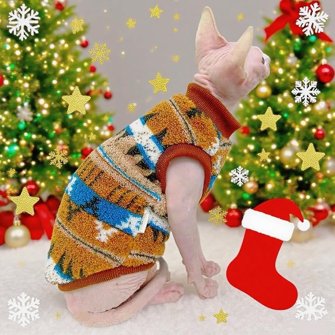 Sphynx Cat Winter Sweater, Warm Soft Fluffy Pet Clothes, for Hairless Cats, Cornish Rex, Devon Rex (Orange, XXL (9.5-12 lbs))