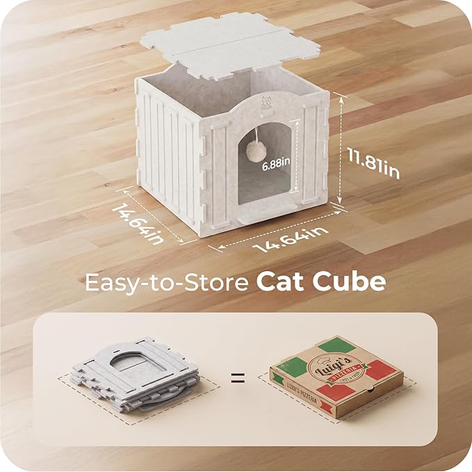 Cat Bed Cave for Indoor Cats: New Felt Cat Bed with Fluffy Ball, Foldable Cat House with Scratch-Resistant Board, Hideaway Cat Cave for Timid Cats, Sturdy Two-Tier Cat Condo & Cat Houses