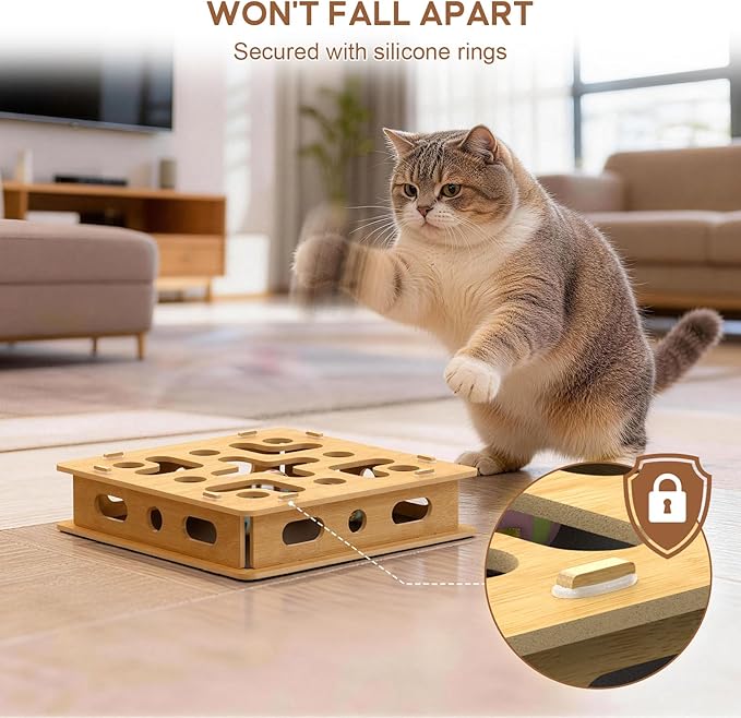 EIODEAR Cat Nail File Scratcher Box with 5 Sandpaper Pads & 4 Bell Balls, Sturdy Wood Cat Nail Scratcher to File Nails, Cat Toy Filer Toy for Treat-Motivated Cats, Included Silicone Security Rings
