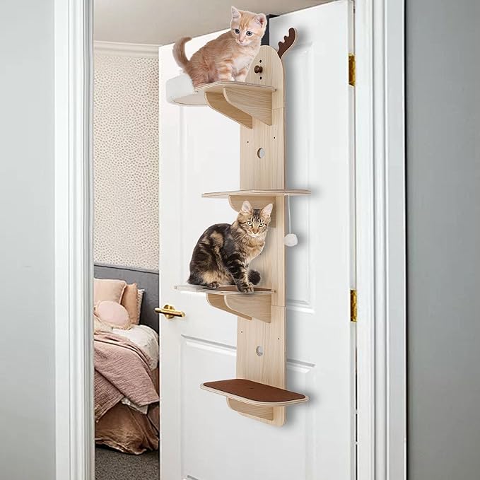 Door Hanging Cat Tree,4-Tier Door Mounted Cat Climbing Frame,Cats Tree Hanger Mounted Cats Shelves,Wooden Cat Ladder,Pet Jump Shelf for Stair,Foyer,Living Room,Enclosed Balcony (with Cat Nest)