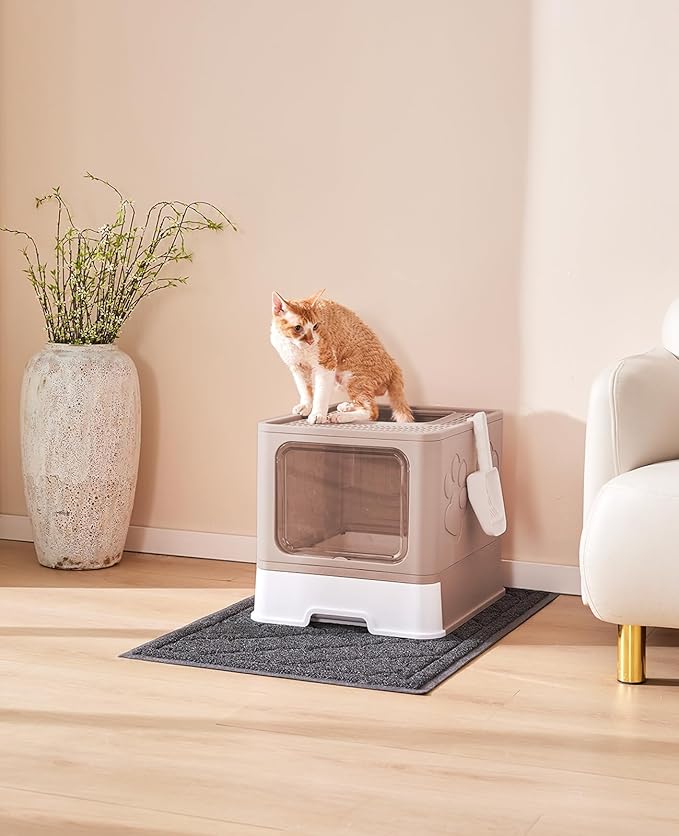 Medario Cat Litter Box with X-Large Litter Mat and Scoop, Large Covered Litter Box with Lid, Enclosed Kitty Box,Front Top Entry Exit, Odor Control Easy to Clean (Upgrade Coffee)