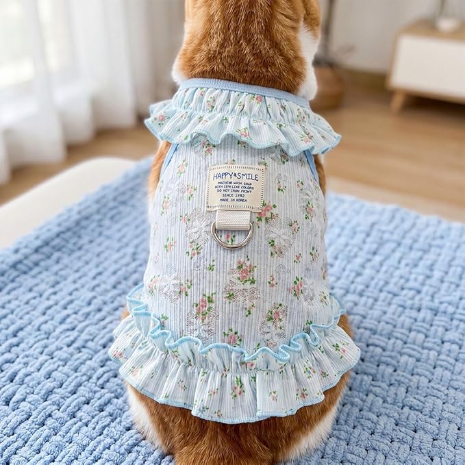 Dog Cat Cooling Summer Dress with D-Ring, Ice Silk Mesh Breathable Pet Clothes, Anti-UV Mosquito Proof, High Elastic Ruffle Dress & Half Belly Cover for Small Dogs Cats(Sky Blue, Small)
