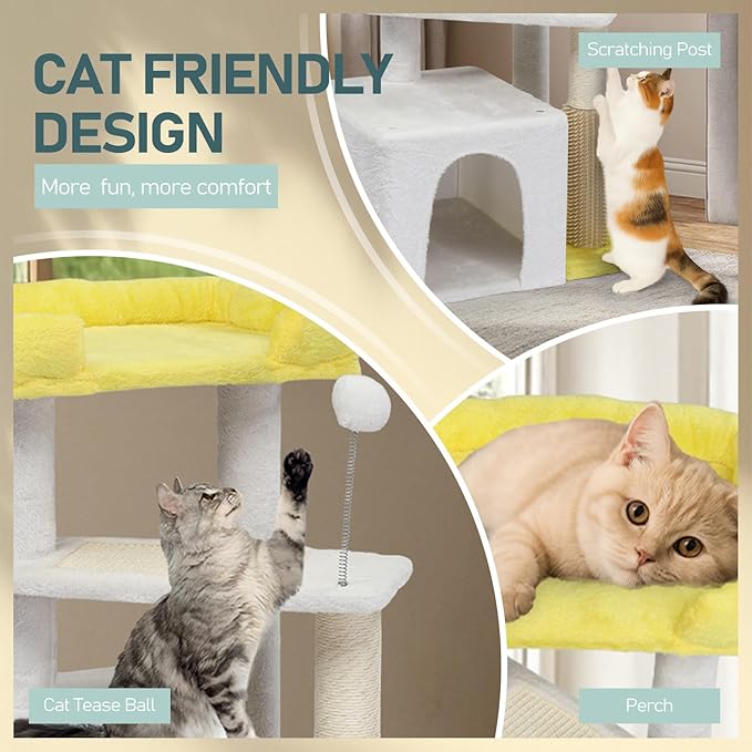 Cute Cat Tree,Cat Tree Tower for Indoor Cats,Adult Cat Tower with Scratching Post & Cat Condo,Sisal Scratching Posts,Padded Top Bed for Kittens,Cat Furniture Activity Center House (Yellow)