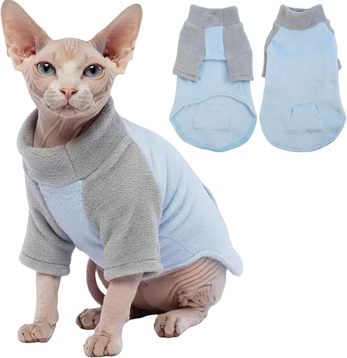 T'CHAQUE Sphynx Cat Clothes, Soft Fleece Winter Sweaters for Hairless Cats, Warm Pajama Jumpsuit with Sleeves and Hoodie, Cozy Pullover Outfit for Kittens