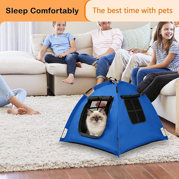 Portable Pet Tent with Full-Enclosure Zippered Mesh Door, Indoor & Outdoor Cat House for Safety & Ventilation, Cozy Nest for Cats, Puppies & Small Animals, Blue