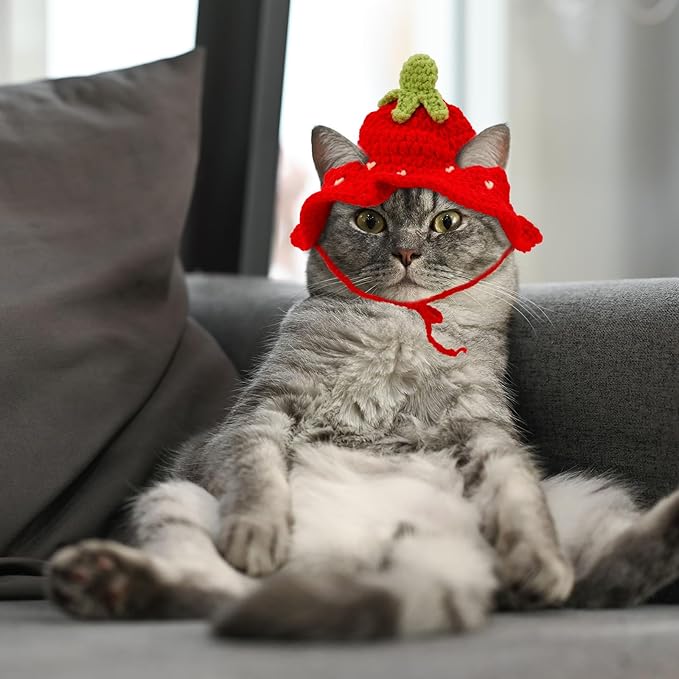 Knitted Hats for Cats, Adorable Crochet Kitten Cap Soft Pet Costume Headwear Small Knit Cap Decor for Dog Cat Kitten Puppy Holiday Photo Sessions & Celebration Decor (Strawberry Style)