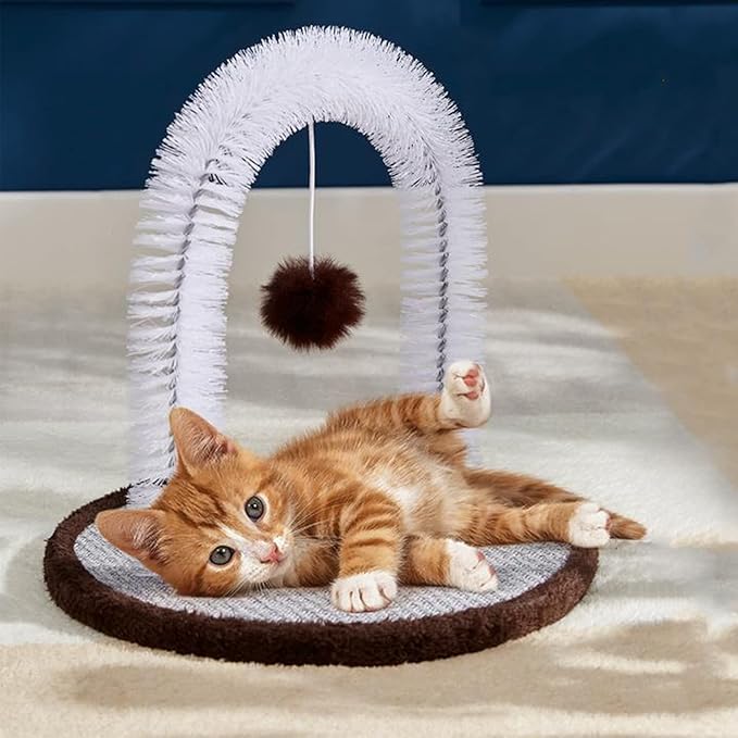 Cat Arch Self Groomer with Cat Toy Ball Cat Arch Scratcher Cat Hair Brush Cat Brush Arch Grooming Supplies Kitten Hair Massaging Brush with Dangling Ball