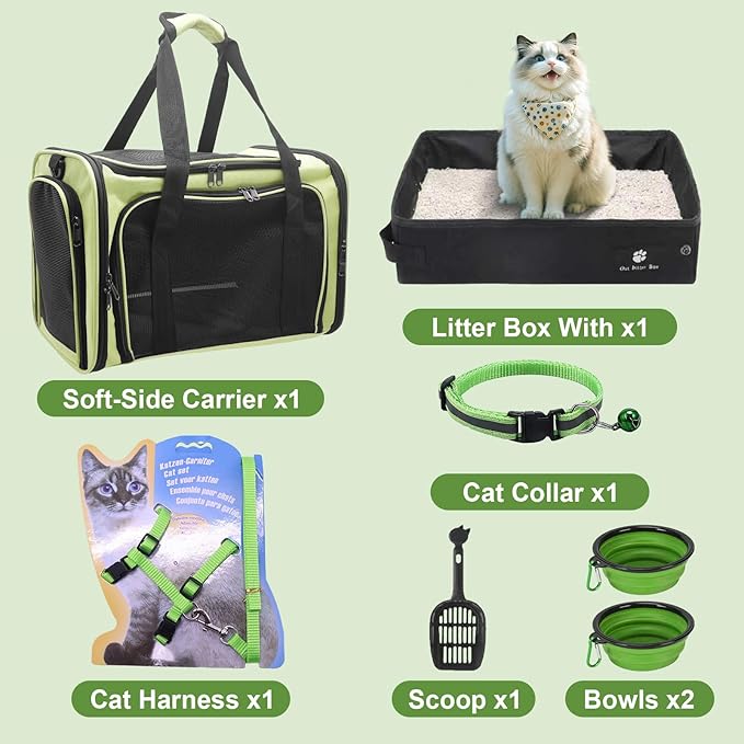 Cat Carrier Soft-Sided & Folding Travel Litter Box for Cats, Fit 20Lbs Pets, 17.7' * 11.8 * 11.8 inches Cat Bag for Traveling & Camping, Cat Travel Carrier Kit, Green