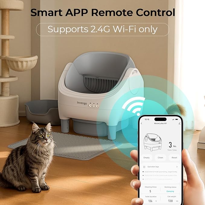 Invengo Automatic Cat Litter Box Self Cleaning, App Control, Open-Top Automatic Litter Box with Safety Sensors, Ultra-Quiet, 10.5L Waste Bin with Odor Control, 2 Rolls of Garbage Bags, Grey White