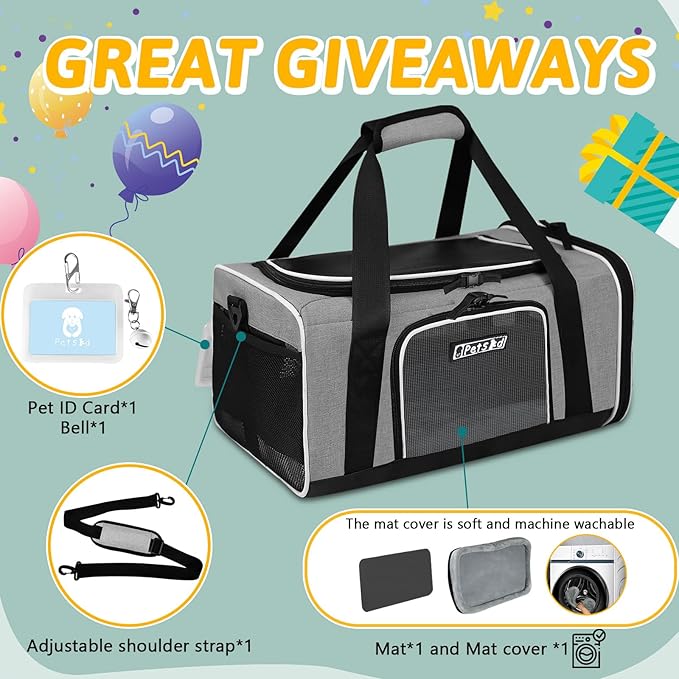 Petskd Pet Carrier 18x13x9.5 Southwest Airline Approved,Pet Travel Carrier Bag for Small Cats and Dogs, Soft Dog Carrier for 1-15 LBS Pets,Dog Cat Carrier with Safety Lock Zipper (Grey)