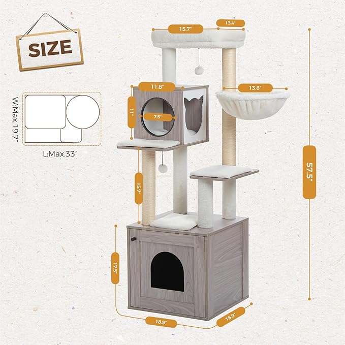 PETEPELA Cat Tree with Litter Box Enclosure, 2-in-1 Wood Cat Tower for Indoor Large Cats, 57.5'' Cat Condo with Scratching Posts, Cozy Hammock and Repalcable Dangling Balls, Grey
