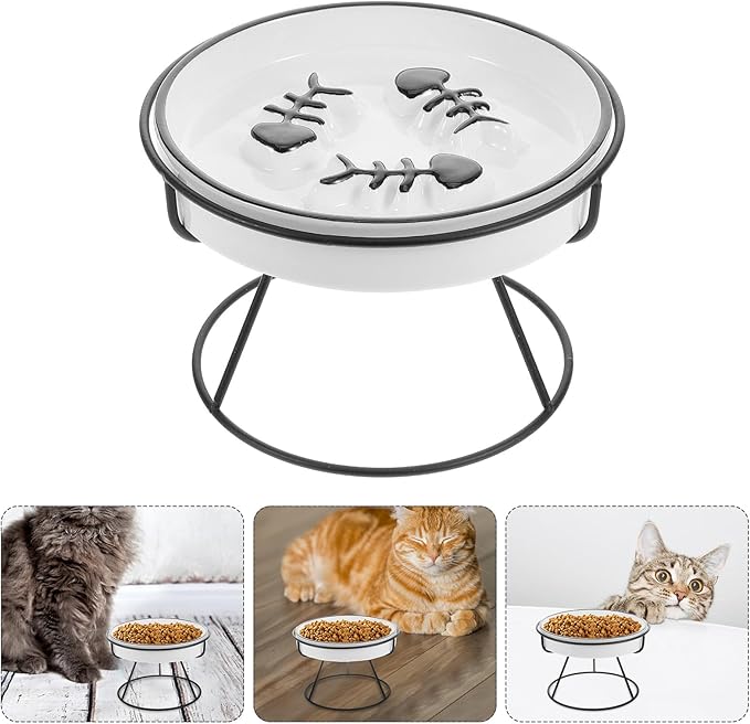 Unomor Ceramic Cat Slow Feeder Bowl Raised Elevated Food and Water Dish with Stand for Indoor Cats and Small Dogs Slow Eating Feeder