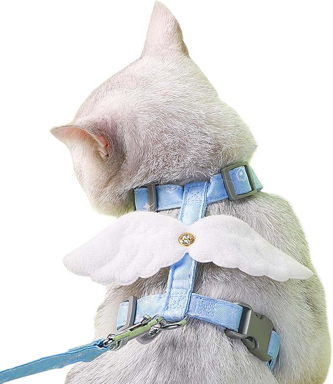 Cat Harness and Leash Set White Wing for Outdoor Travel Walking Escape Proof Soft Safe Adjustable Kitten Puppy Small Strap Angel Style Blue, M