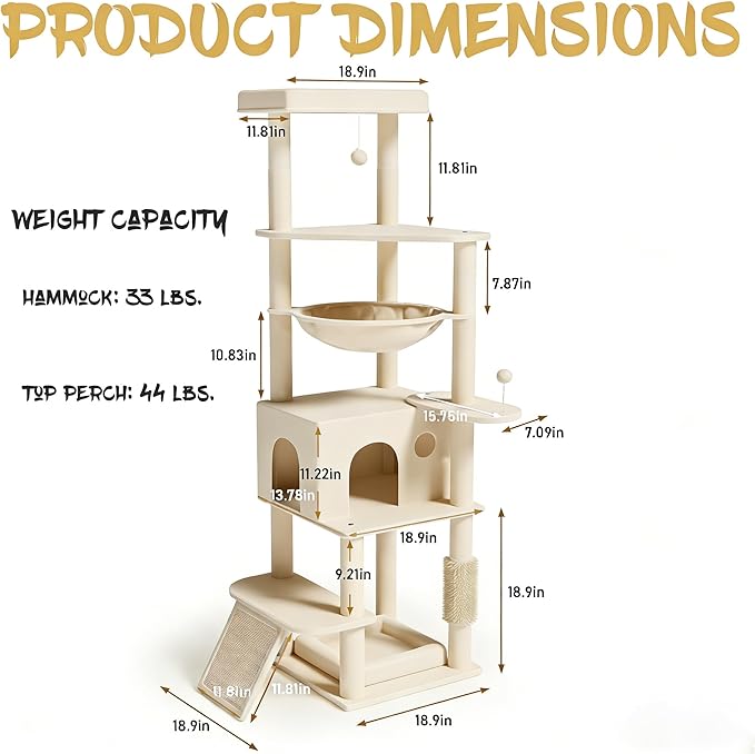 Cat Tree, 66 Inches Modern Cat Tower for Indoor Cats, Multi-Level Tall Cat Tree for Large Cats with Sisal-Covered Scratching Posts, Padded Platform, Hammock, and Condo, Beige