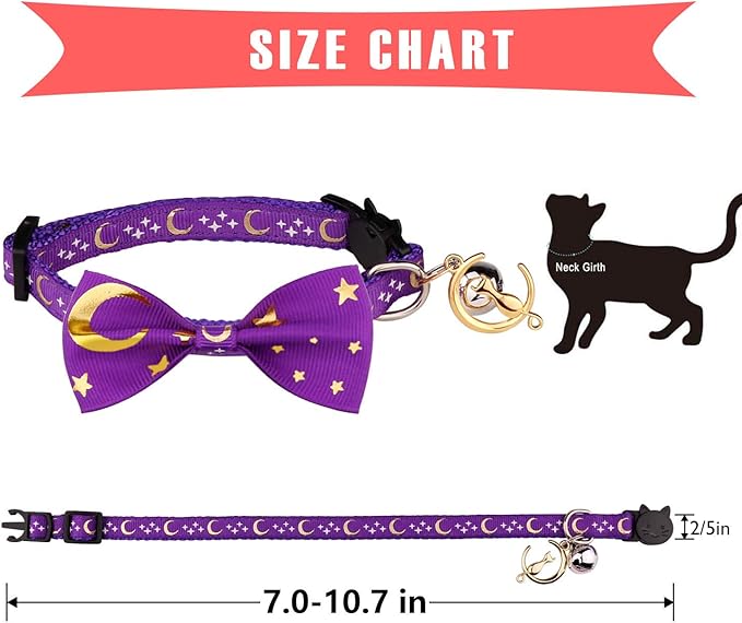 2 PCS Breakaway Cat Collar with Bow Tie and Bell Golden Moon Glowing Star in The Dark for Kitten(Purple&Pink)