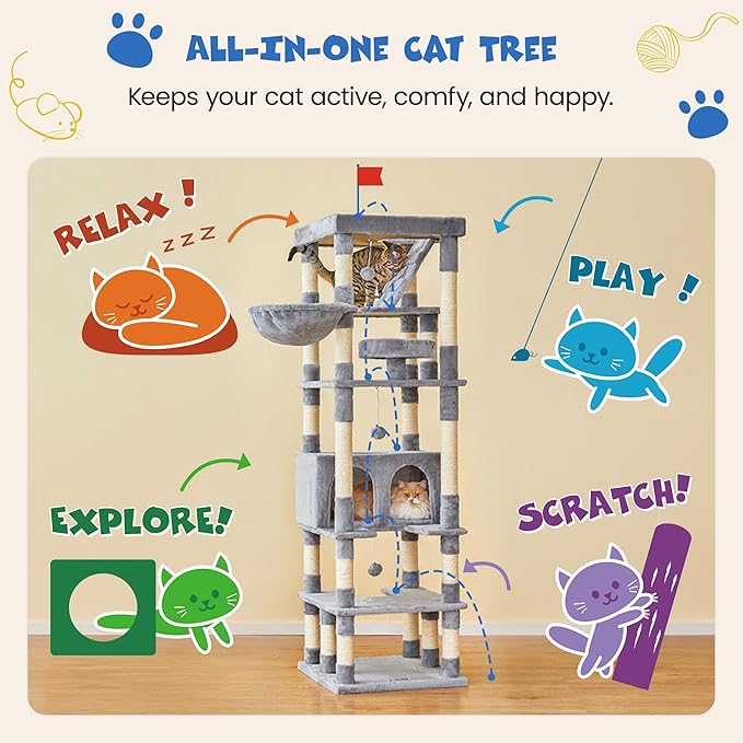 MWPO 74.8 inches Large Cat Tree with Sisal-Covered Scratching Posts & Condo, Tall Cat Tower Entertainment Playground Furniture for Cats & Kittens - Multiple Colors-Light Gray