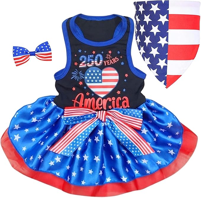 Small Dog Cat America's 250th Anniversary 4th of July Dress, Bandana & Bow Clip 3 Piece Accessories M