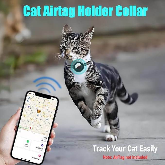 Reflective Cat Collar Fits for AirTag Holder, Breakaway Safety Buckle, Bell & Adjustable Strap for Cats Kittens - Compatible with Apple AirTag, Anti-Lost Pet Tracker Collar,Black