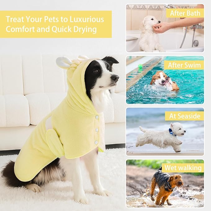 Pet Bathrobe Towel Dog Cat Drying Coat Super Absorbent Cute Dogs Bath Towel Hooded Robe Adjustable Collar & Belly Strap for XSmall to XLarge Pets (Yellow, X-Small)