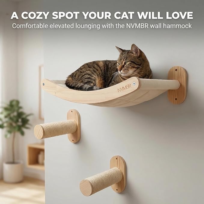 Cat Wall Shelf Bed Hammock with Sisal Stairs Set, Easy Install | 16 inch Stud Design | Holds up to 33 lbs | Indoor Shelf Lounge with Safety Bar Designed in USA