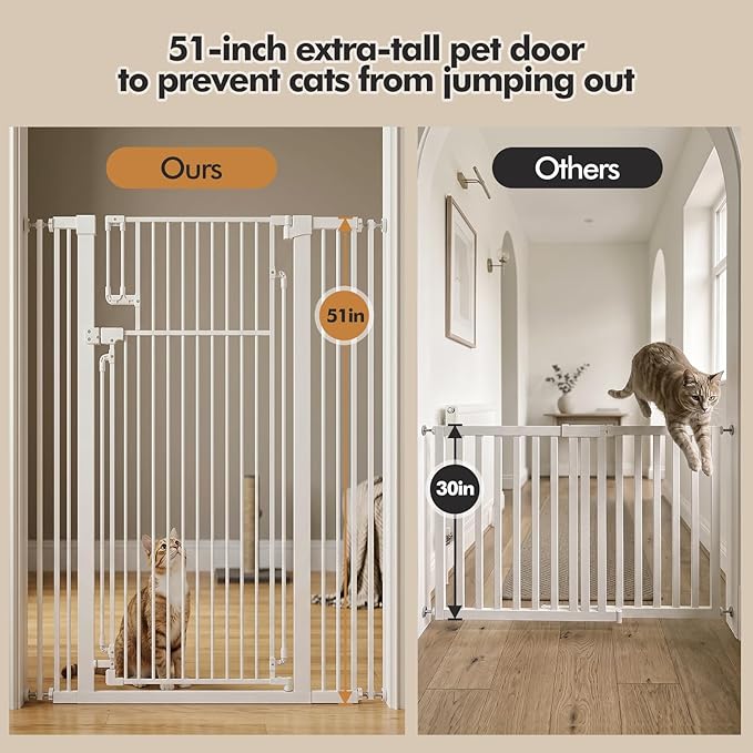 51-inch Extra Tall cat Door，Suitable for Stairs and doorways, Pressure-Mounted or Screw-Mounted, fits Widths of 31.5-42.5 inches, self-Closing, Extra Tall Design, Suitable for Cats and Dogs, White