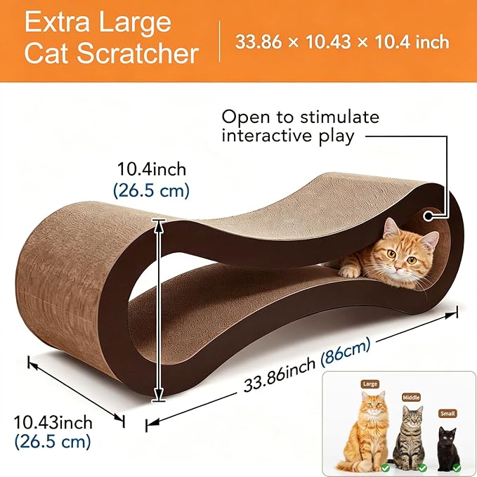 Extra Large Cat Scratcher Cardboard Bed, 34" Horizontal Cat Scratcher Cardboard Lounger, 100% Recyclable & Reversible Durable Board Pads Prevents Furniture Damage