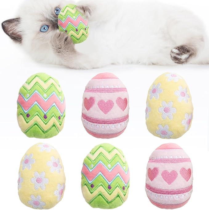 6pcs Easter Catnip Toy，Indoor Easter Egg Shaped Cat Toy Plush Interactive Chew Bite Toys for Cat Kitten Indoor Festive Holiday Cat Lover Gift
