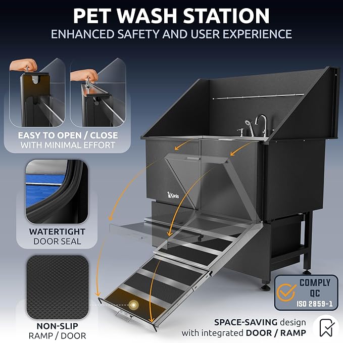 KANIS Professional Dog Washing Station 304 Stainless Steel Pet Wash Sink & Grooming Bathtub w/Shower, Floor Grates and Storage for Large, Medium & Small Pets (Black, 50 Inches, Right Ramp, 2 Drawers)